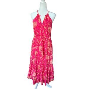 Evereve Pink and Orange Floral Maxi Sundress Size XS High Neck Flounce Bow